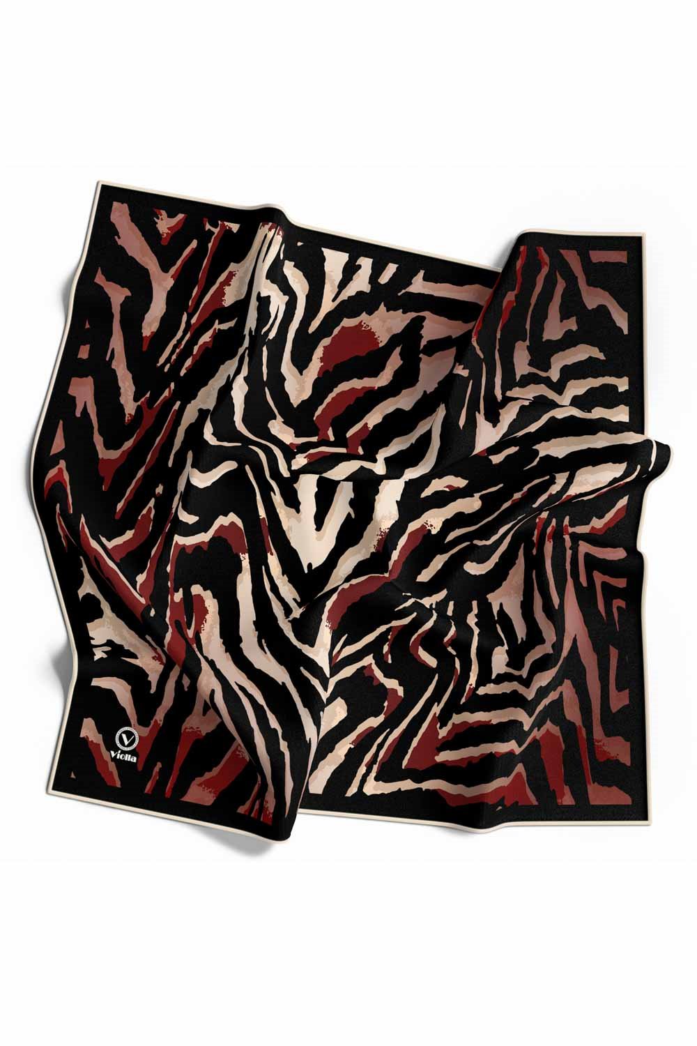 Kristal Zebra Desenli Bordo - Siyah Renkli 90x90 Eşarp (İpek İçermez) Kenar Dikiş Şekli El Dikişli