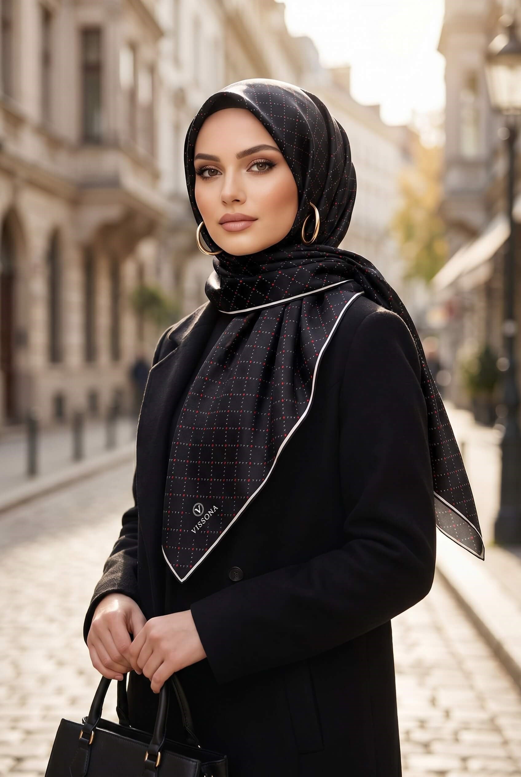 %100 Twill İpek Minik V Desenli Siyah Renkli 90x90 Eşarp Dikim Şekli : El Dikişi