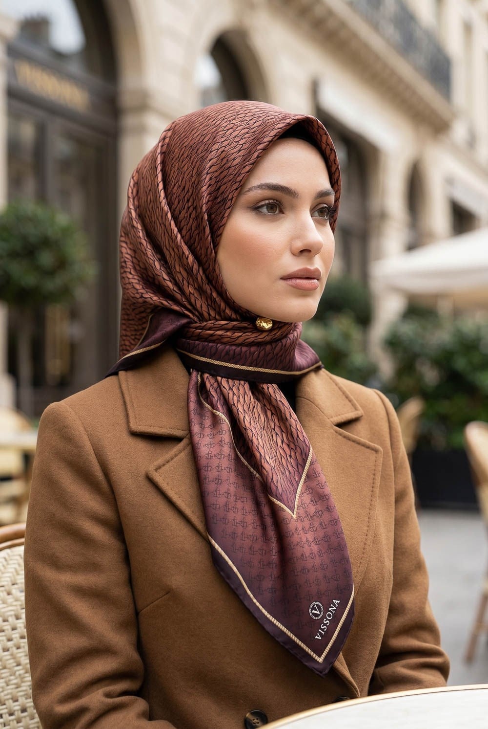 %100 Twill İpek File Desenli Bakır - Siyah Renkli 90x90 Eşarp Dikim Şekli : El Dikişi