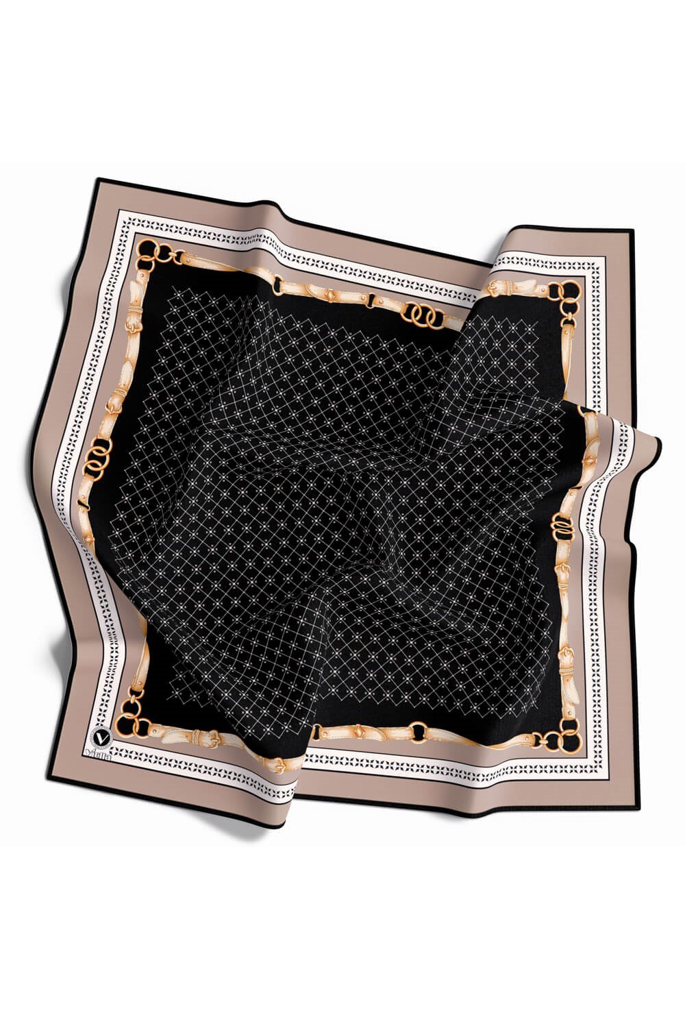 Twill Kemerli ve Çıtır Motifli Desenli Bej Renkli 90x90 Eşarp (İpek İçermez) Dikim Şekli : El Dikişi