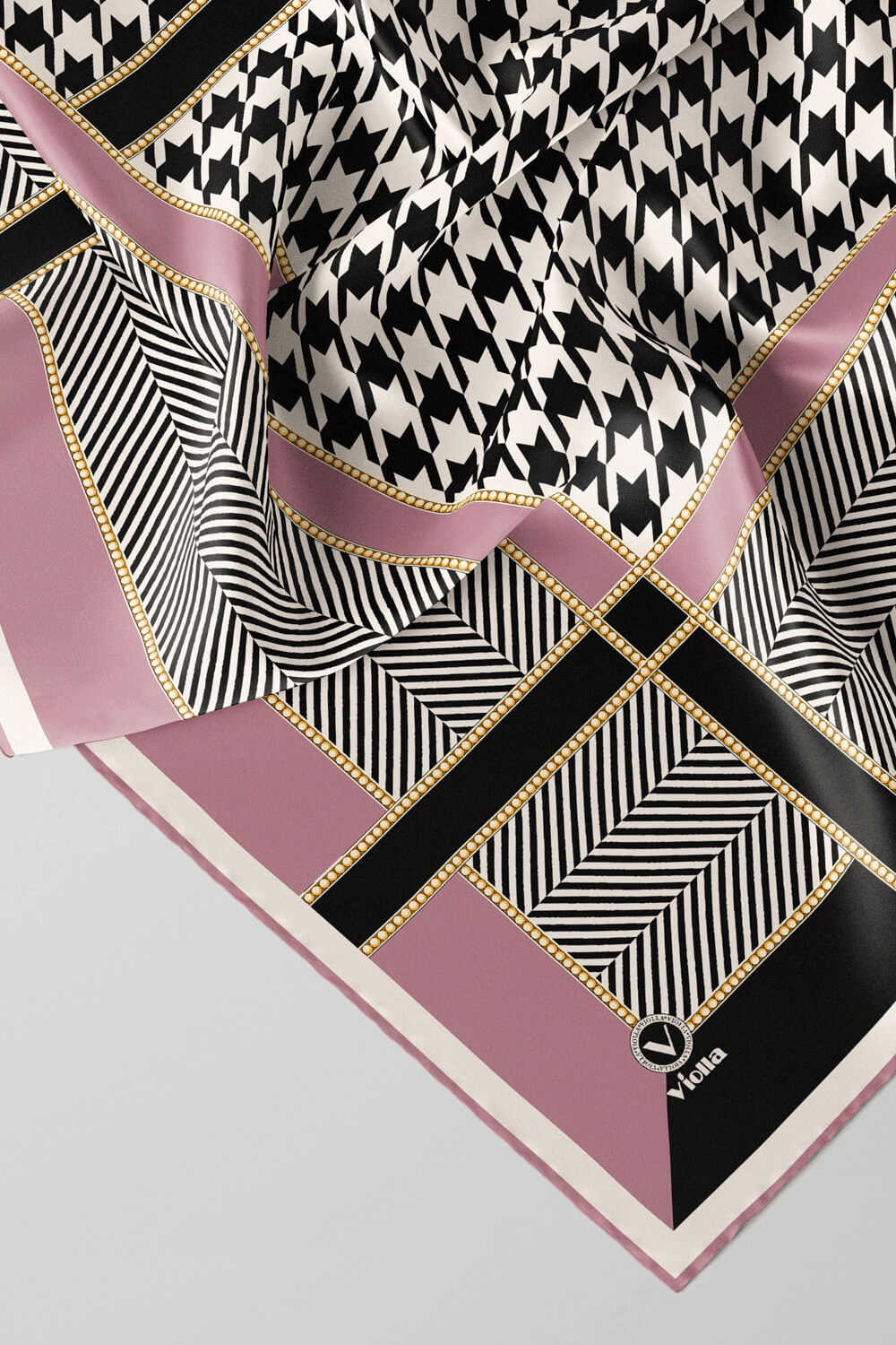 Twill Kazayağı Desenli Pembe Renkli 90x90 Eşarp (İpek İçermez) Kenar Dikiş Şekli El Dikişli