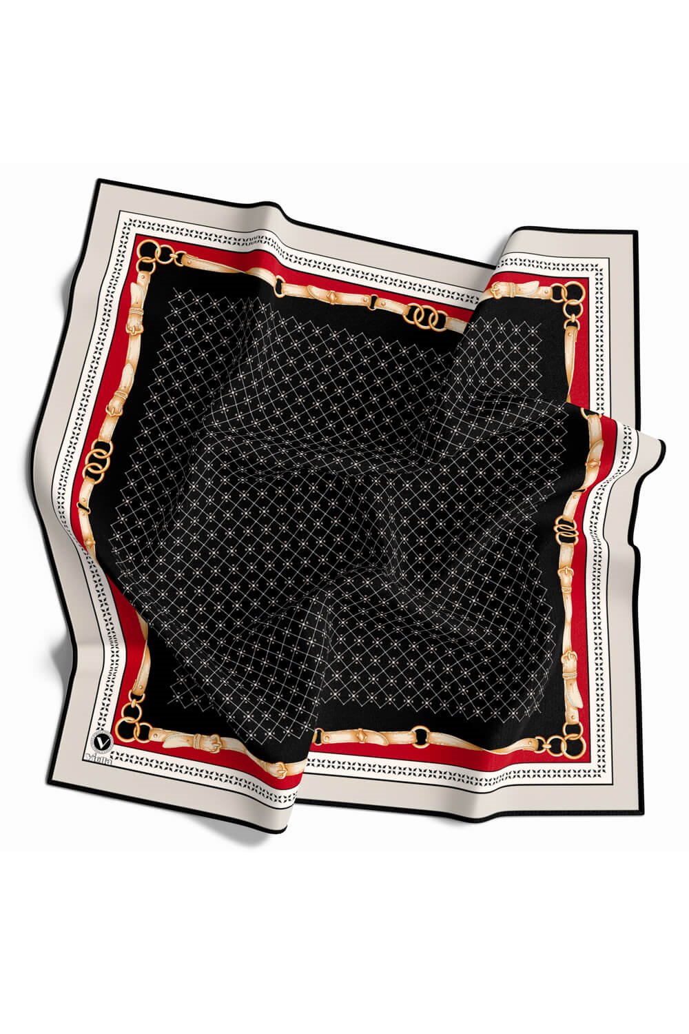 Twill Kemerli ve Çıtır Motifli Desenli Siyah Renkli 90x90 Eşarp (İpek İçermez) Dikim Şekli : El Dikişi