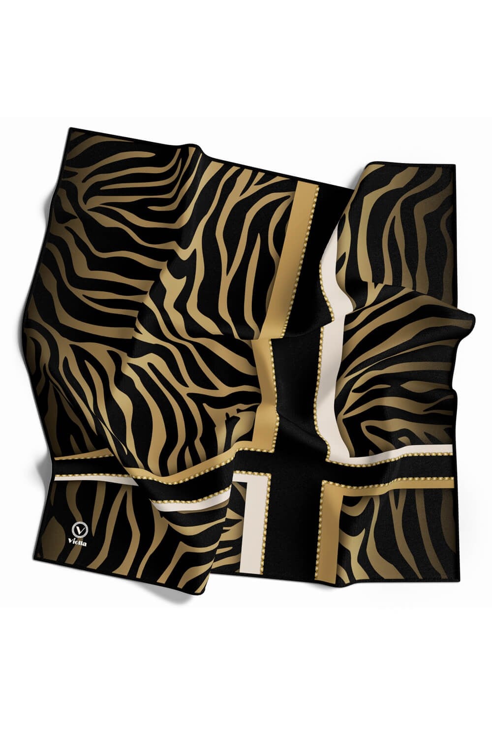 Twill Zebra Desenli Siyah - Gold Renkli 90x90 Eşarp (İpek İçermez) Dikim Şekli : El Dikişi
