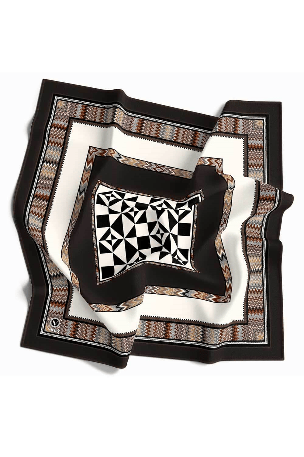 Kristal Geometrik Desenli Kahverengi - Bej Renkli 90x90 Dikim Şekli : El Dikişi Eşarp (İpek İçermez)