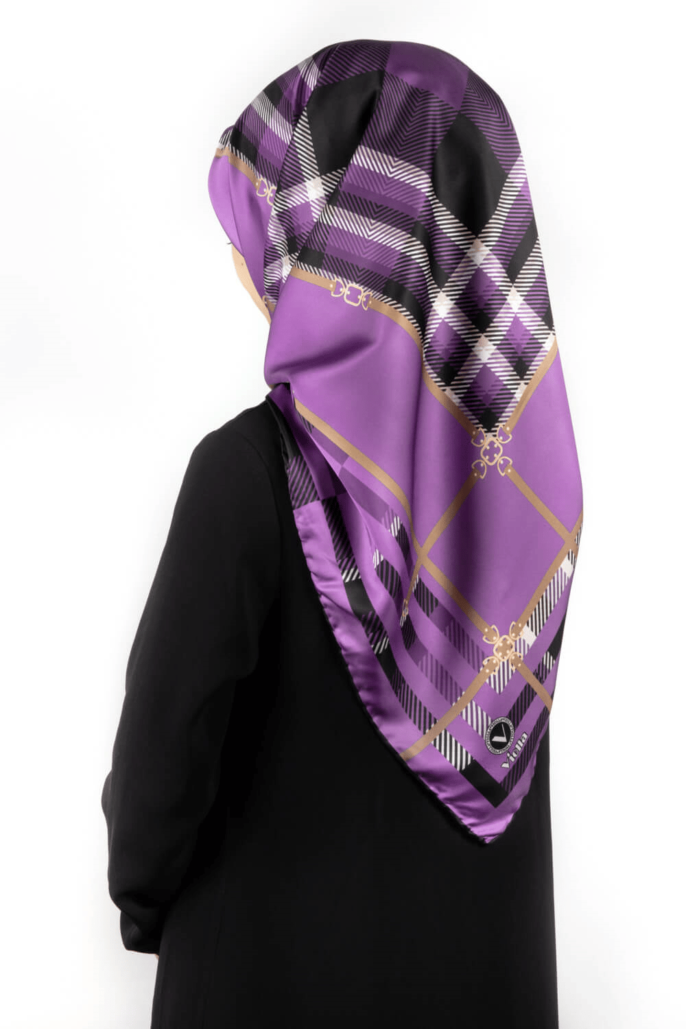 Twill Kemerli ve Ekose Desenli Lila Renkli 90x90 Eşarp (İpek İçermez)Kenar Dikiş Şekli El Dikişli