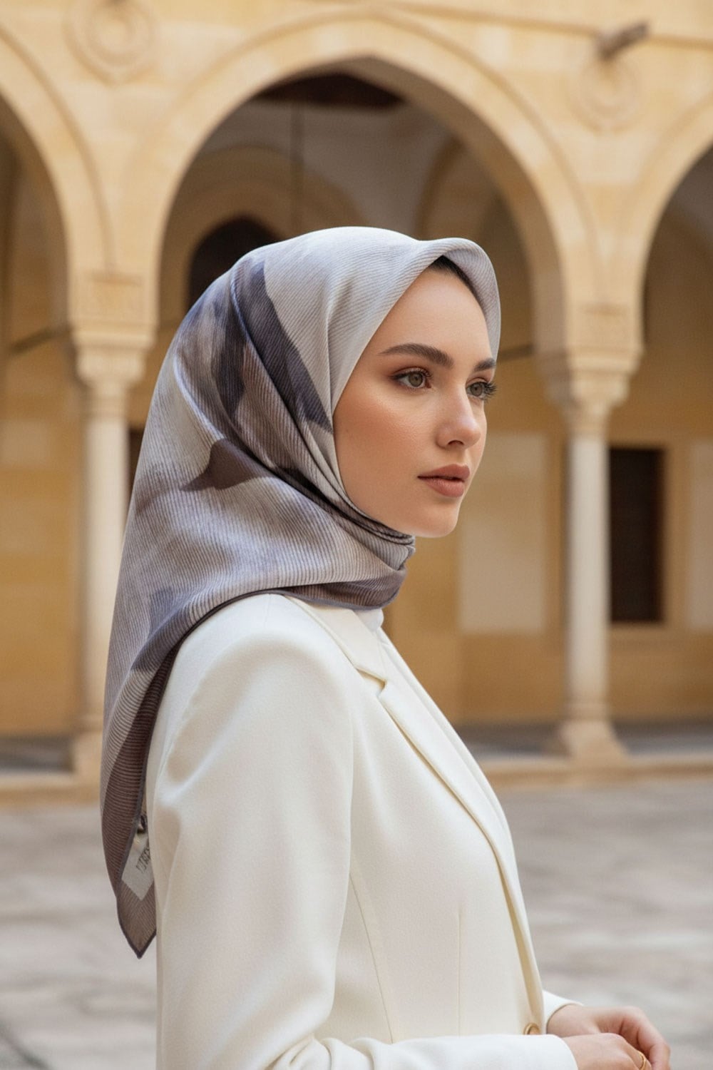 %100 Twill İpek Yaprak Desenl Gri - Bej Renkli 90x90 Eşarp Dikim Şekli : El Dikişi