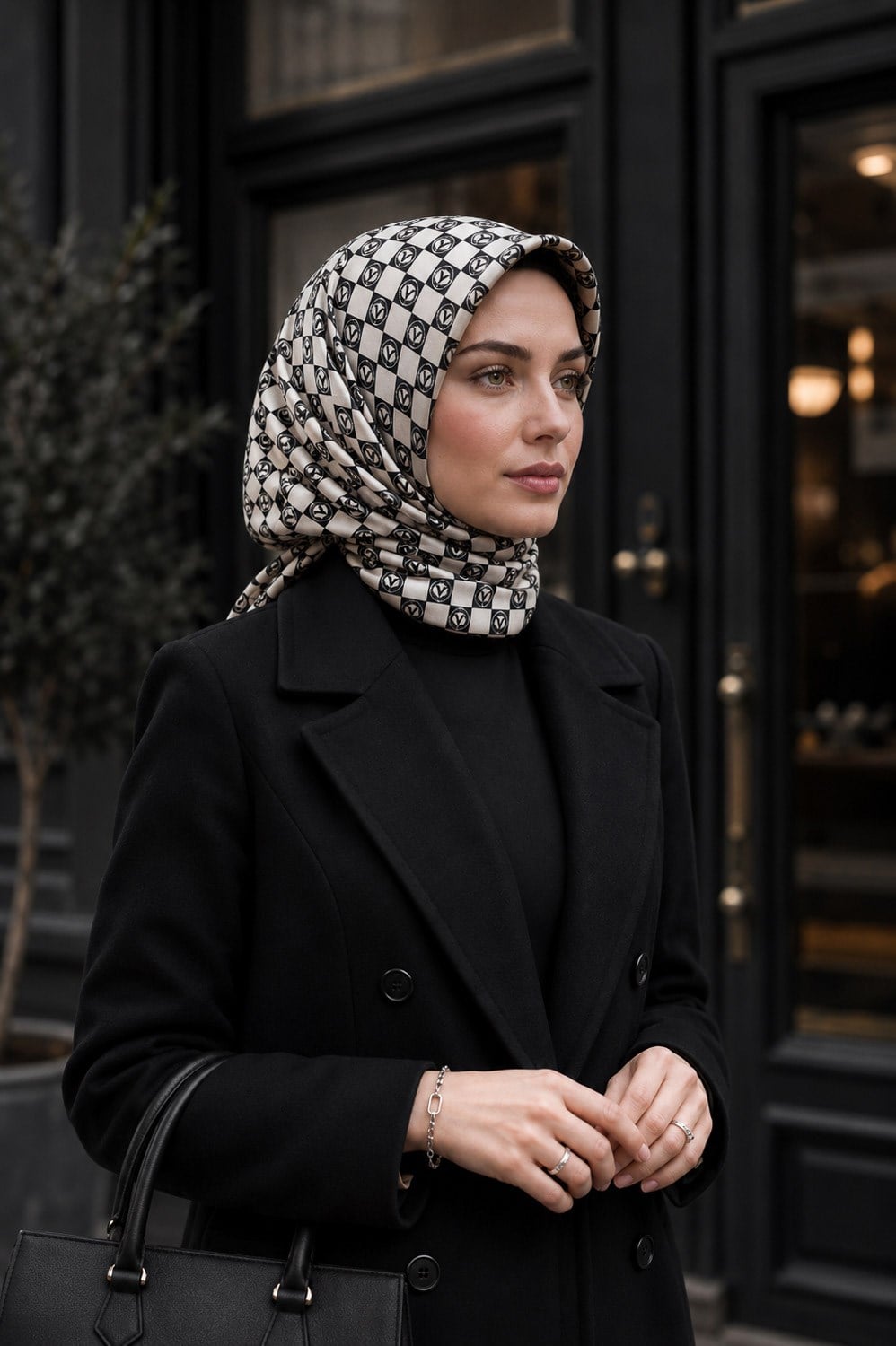 % 57 İPEK % 43 VİSKON Twill İpek Monogram Desenli Siyah - Krem Renkli 90x90 Eşarp Dikim Şekli : El Dikişi