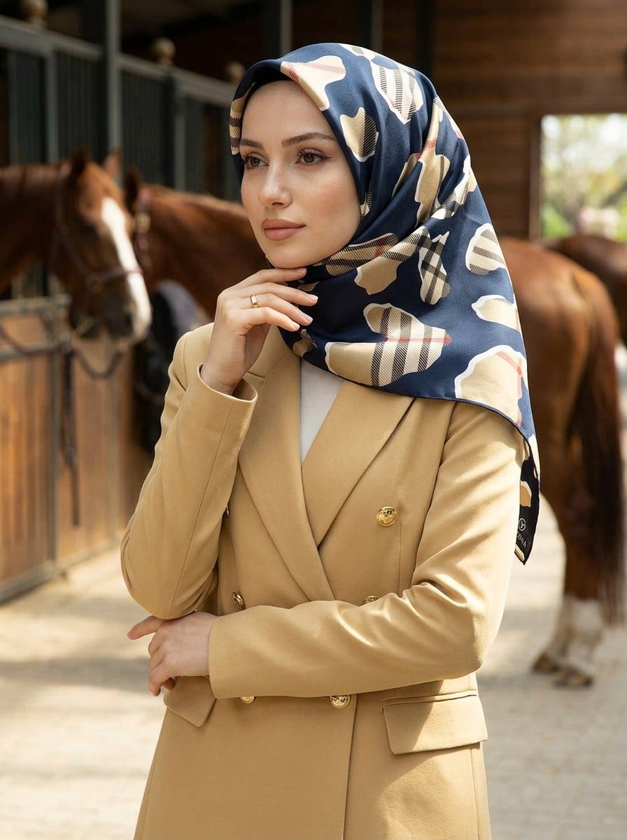 %100 Twill İpek Leopar Desenli Lacivert - Bej Renkli 90x90 Eşarp Dikim Şekli : El Dikişi