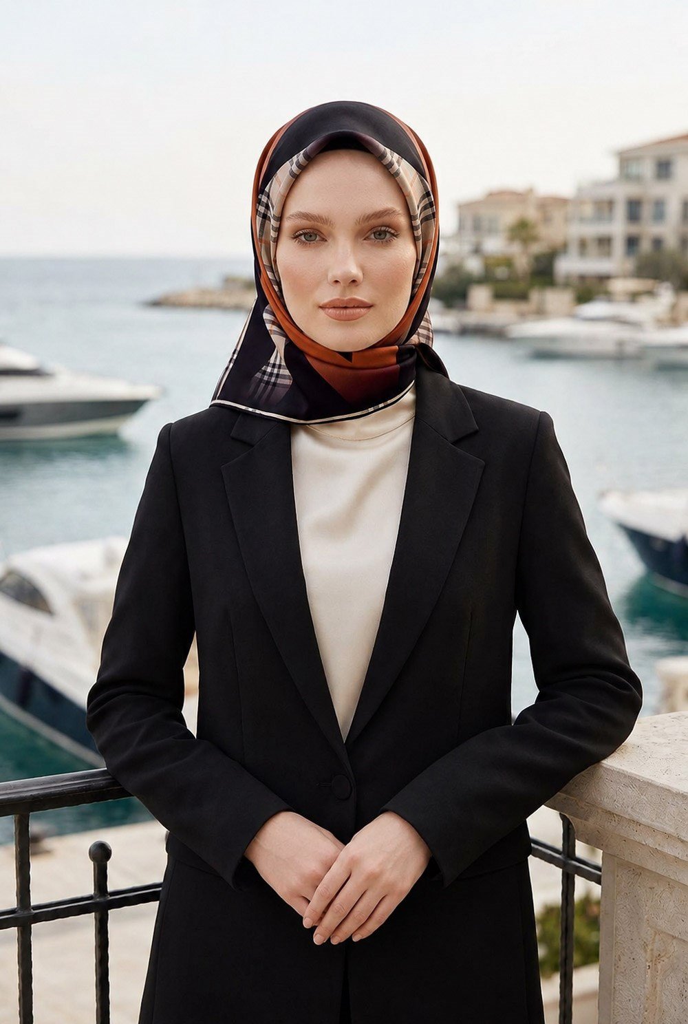 % 57 İPEK % 43 VİSKON Twill İpek Ekose Desenli Taba - Siyah Renkli 90x90 Eşarp Dikim Şekli : El Dikişi