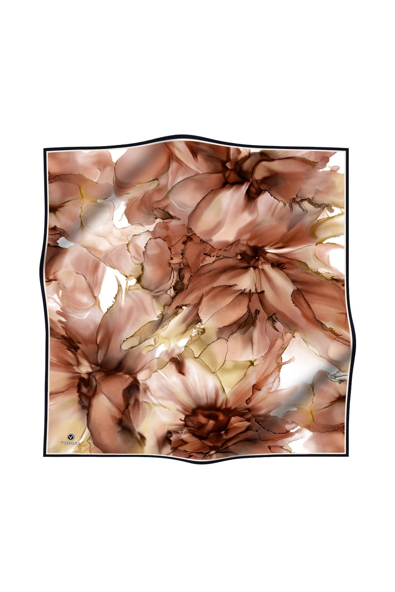 %100 Twill İpek Batik Çiçek Desenli Taba - Hardal Renkli 90x90 Eşarp Kenar Dikiş Şekli El Dikişli