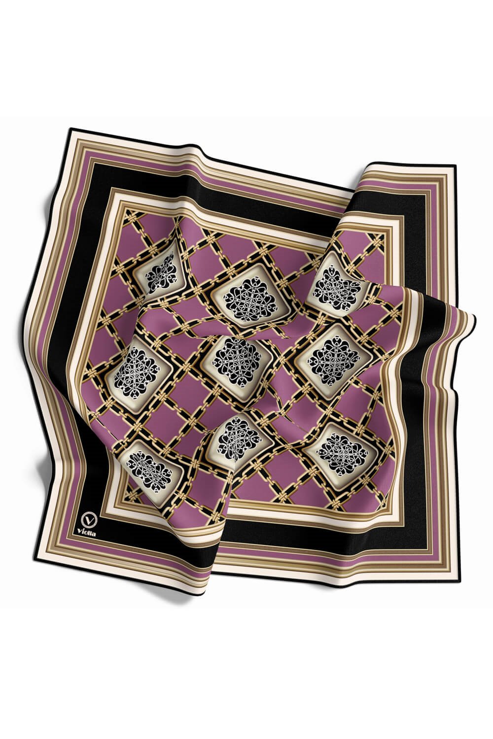 Twill Geometrik Ve Zincirli Desenli Pembe Renkli 90x90 Eşarp (İpek İçermez) Dikim Şekli : El Dikişi