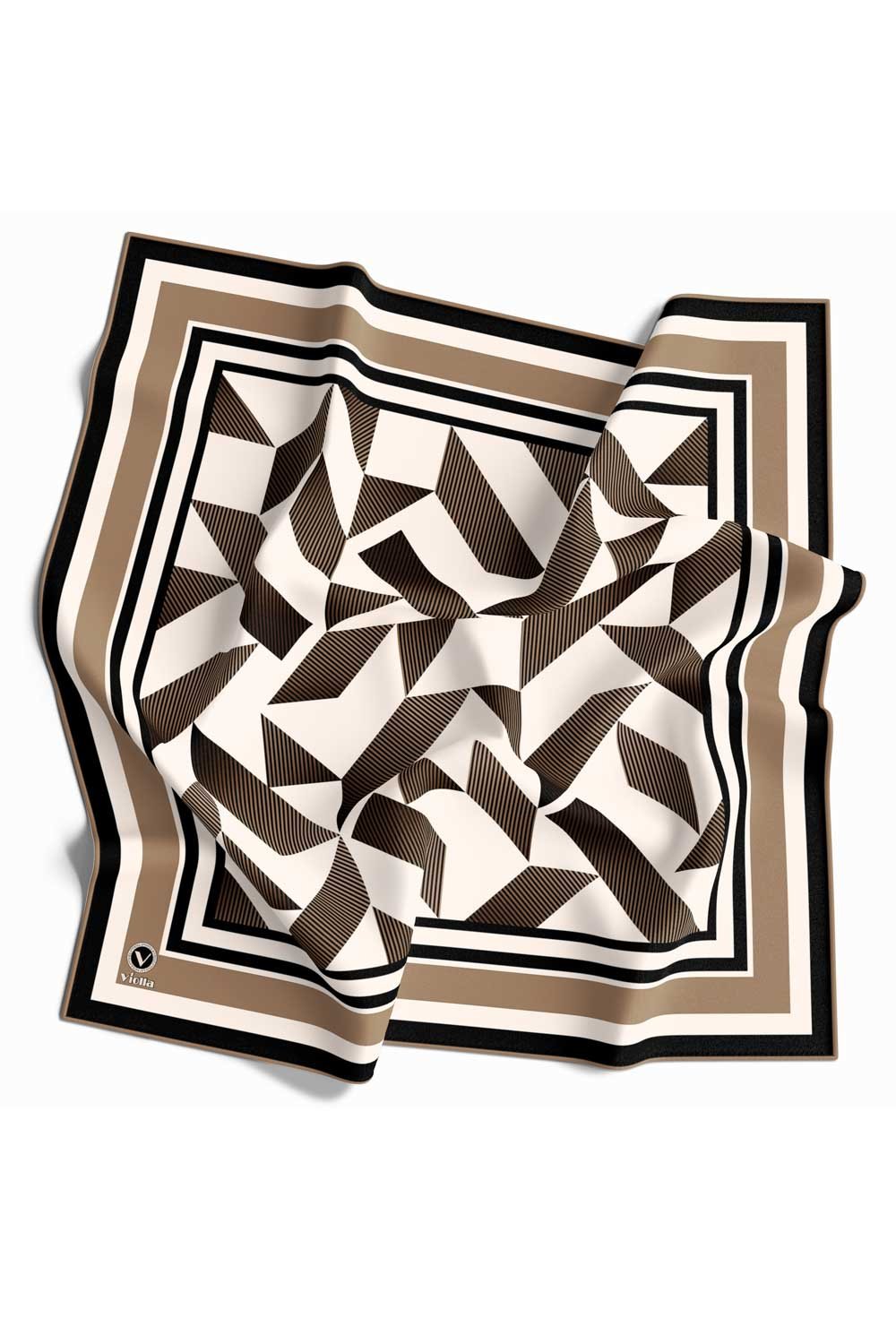 Twill Geometrik Desenli Bej Renkli 90x90 Eşarp (İpek İçermez) Kenar Dikiş Şekli El Dikişli