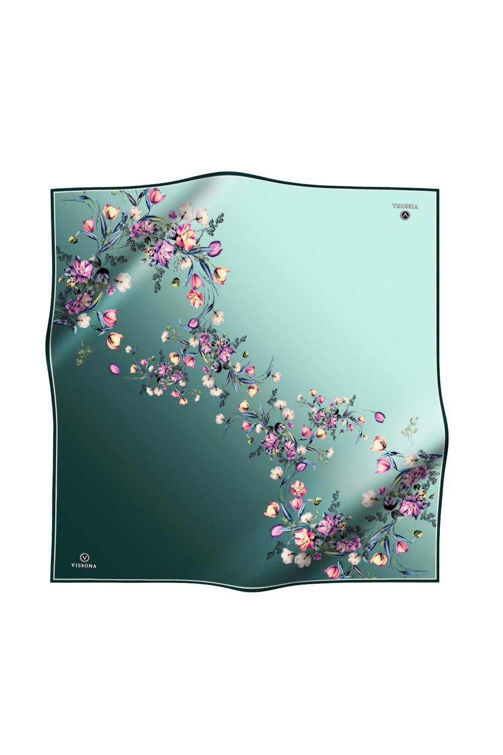 %100 Twill İpek Sonsuz Çiçek Desenli Mint Yeşili Renkli 90x90 Eşarp Dikim Şekli : El Dikişi