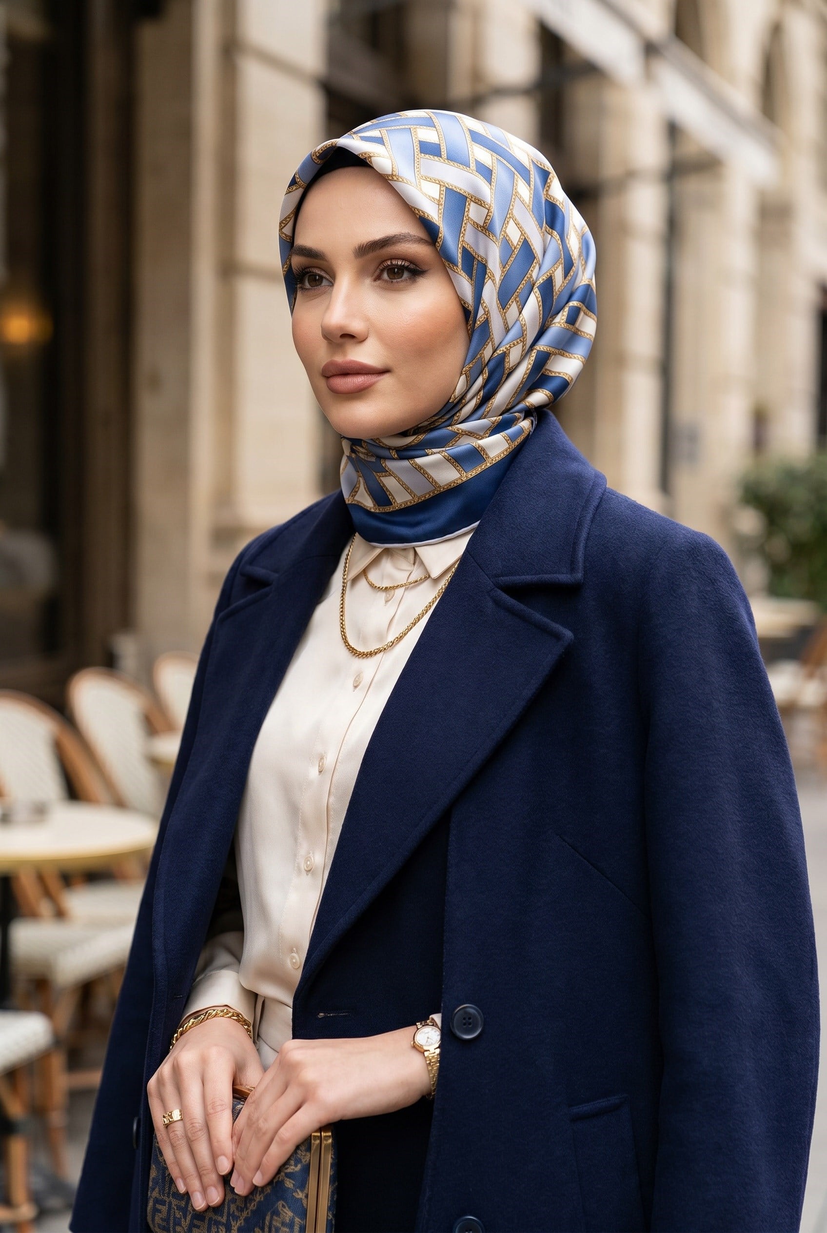 %100 Twill İpek Hasır Örgü Desenli İndigo - Gümüş Renkli 90x90 Eşarp Dikim Şekli : El Dikişi