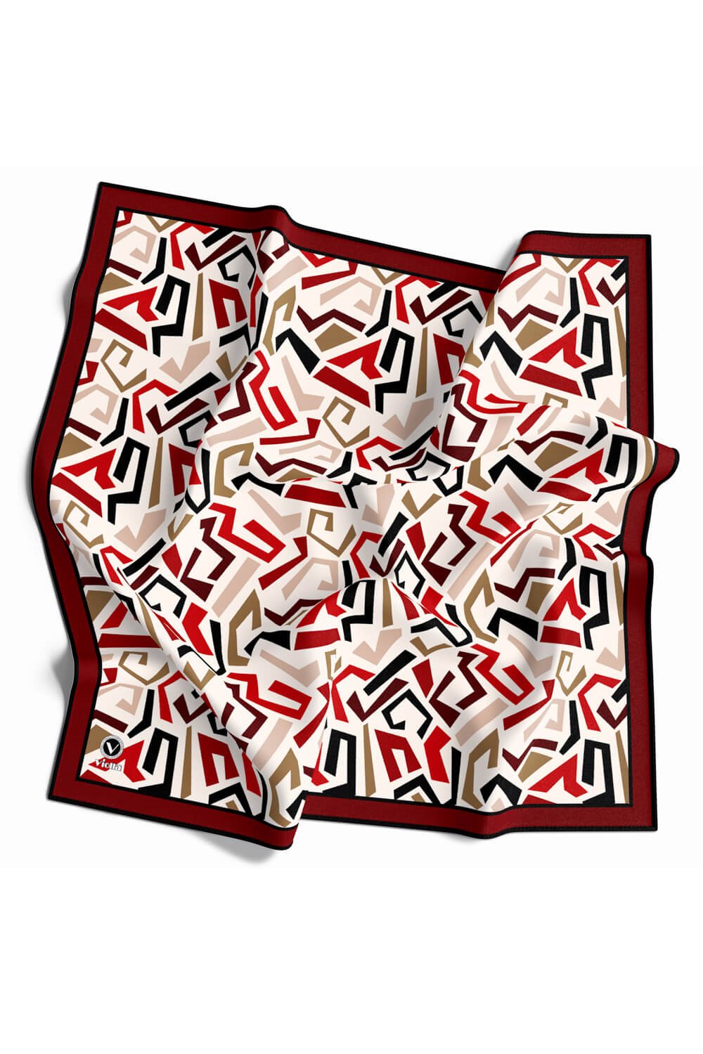Twill Geometrik Desenli Bordo Renkli 90x90 Eşarp (İpek İçermez) Kenar Dikiş Şekli El Dikişli