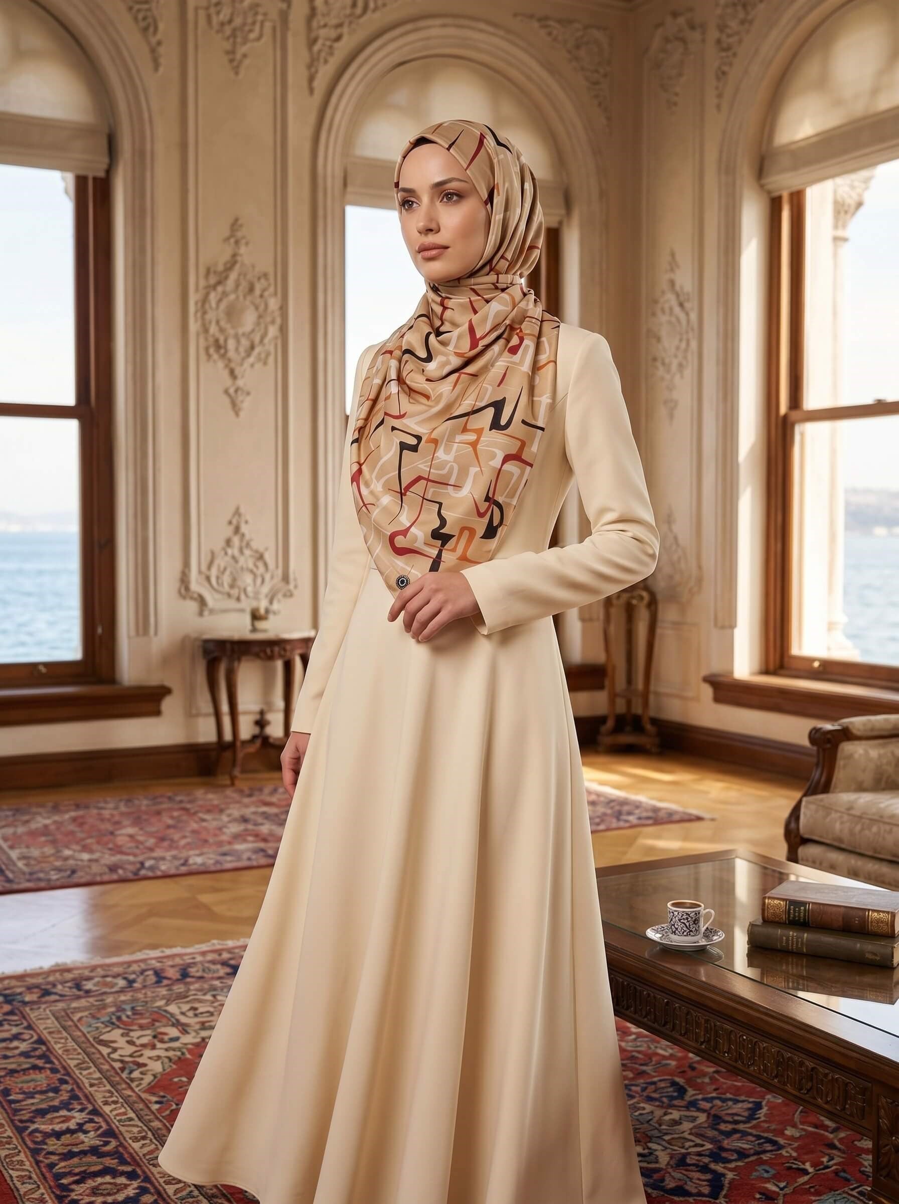 100% İPEK ÇİZGİLİ DESENLİ BEJ - TABA RENKLİ ŞAL