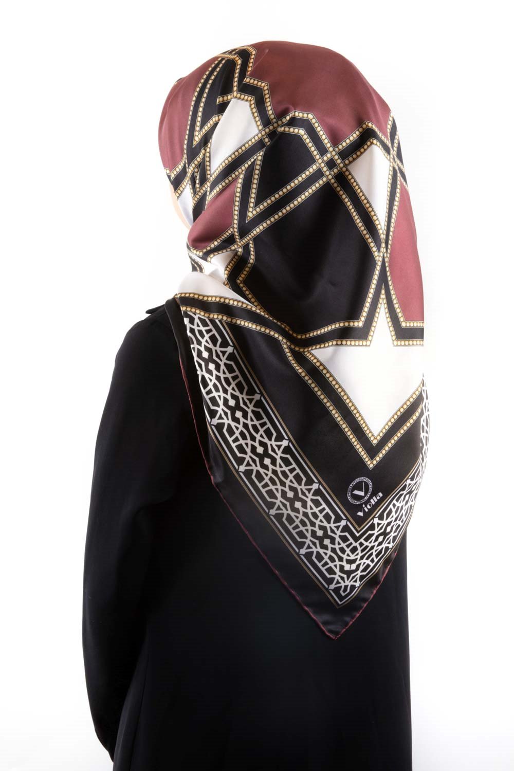 Twill Osmanlı Çini Desenli Gül Kurusu Renkli 90x90 Eşarp (İpek İçermez)Kenar Dikiş Şekli El Dikişli