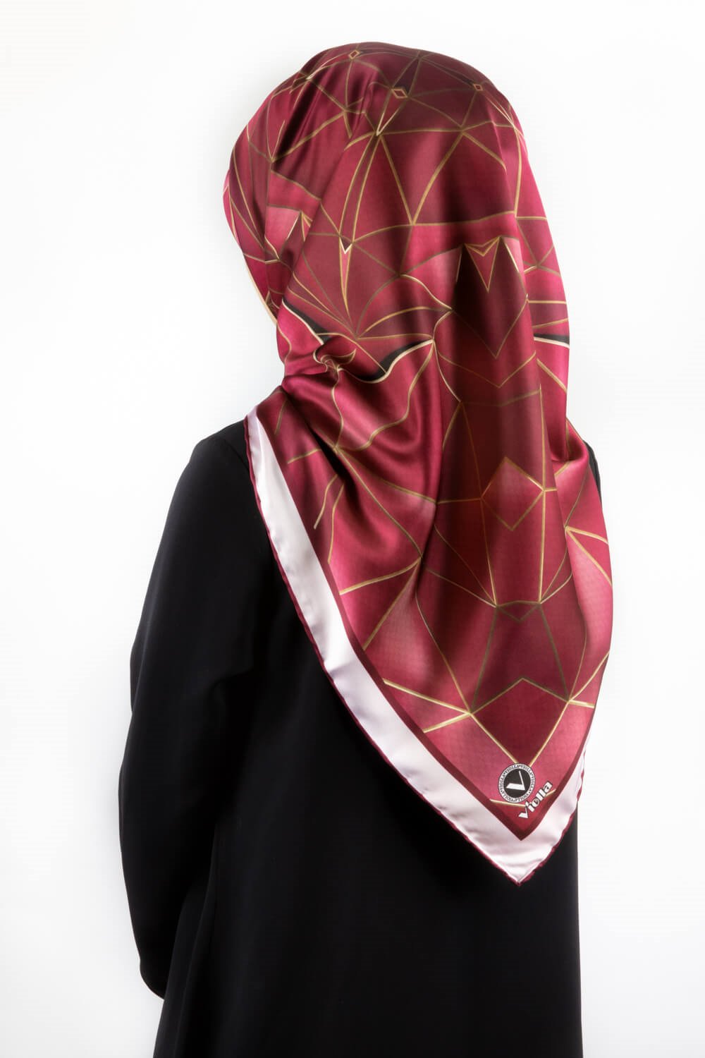 Twill Geometrik Desenli Mürdüm Renkli 90x90 Eşarp (İpek İçermez) Kenar Dikiş Şekli El Dikişli
