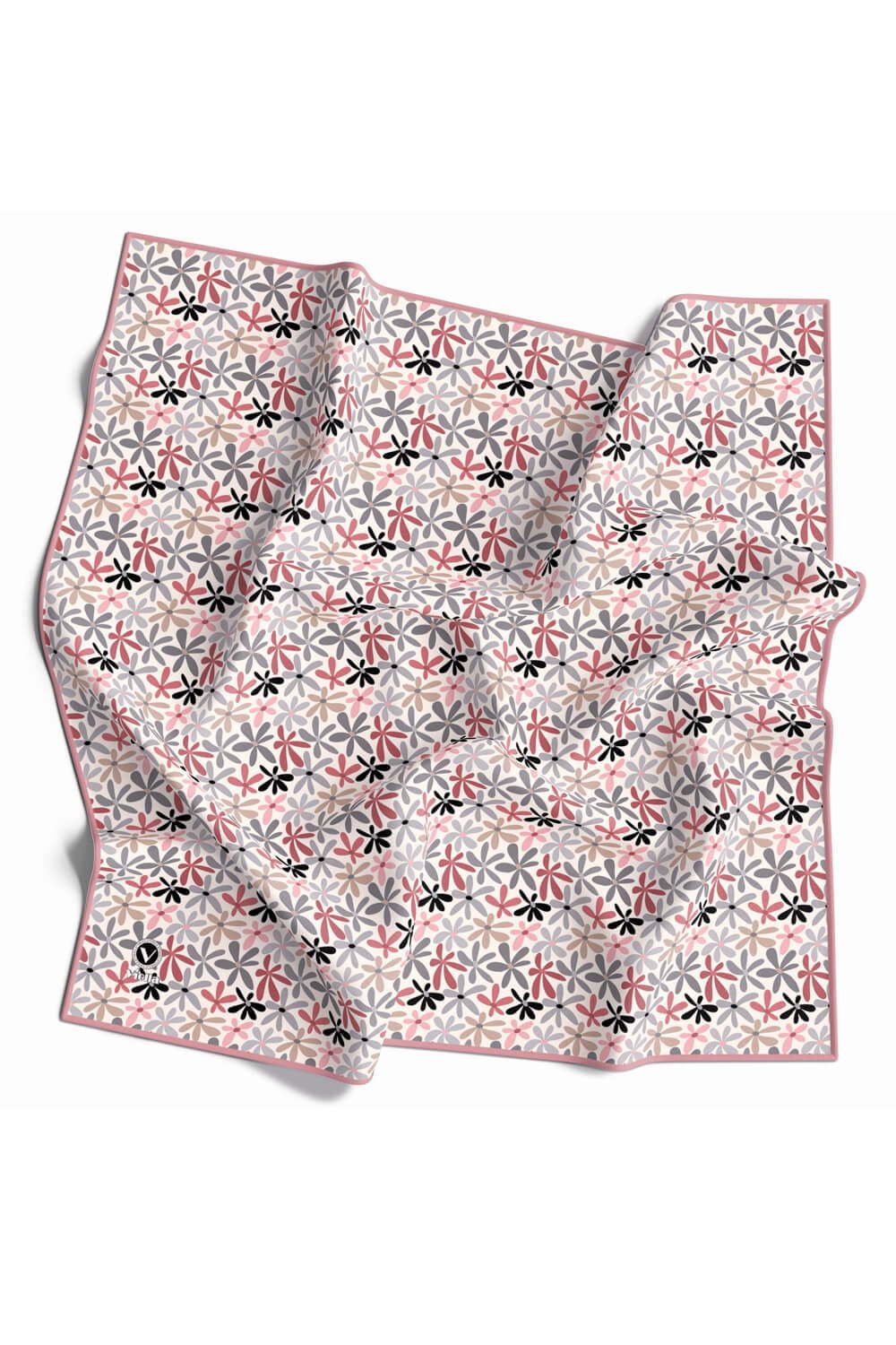 Twill Renkli Çiçek Desenli Pudra Renkli 90x90 Eşarp (İpek İçermez) Kenar Dikiş Şekli El Dikişli