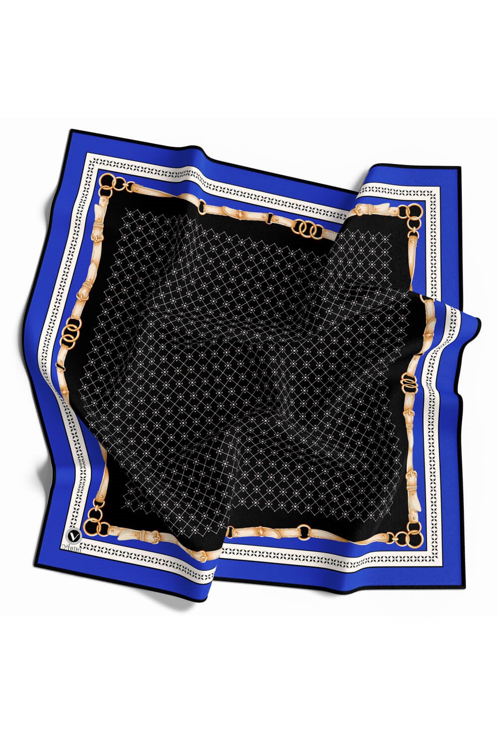Twill Kemerli ve Çıtır Motifli Desenli Saks Renkli 90x90 Eşarp (İpek İçermez) Dikim Şekli : El Dikişi