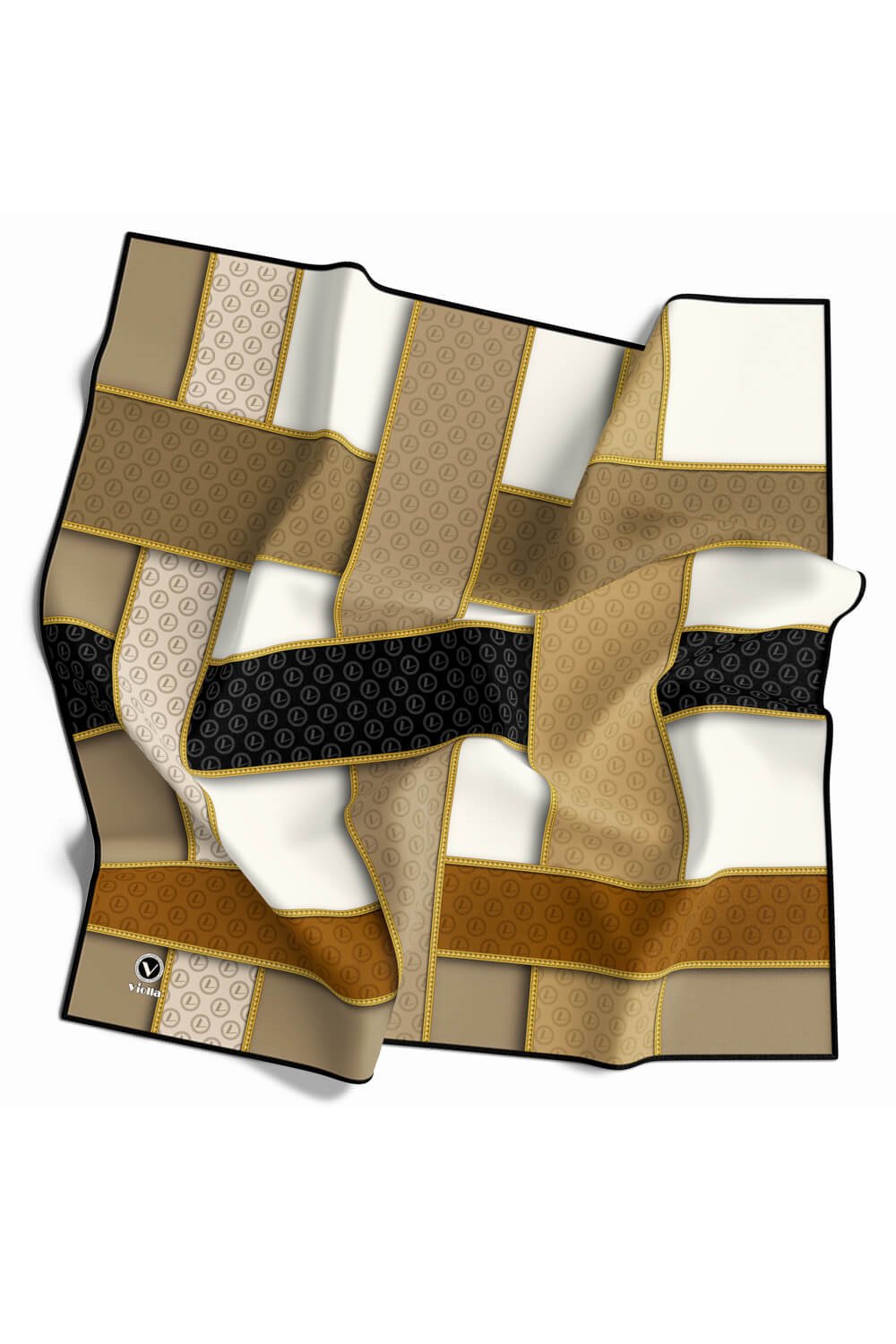 Twill Şeritleri Monogram Desenli Bej - Taba Renkli 90x90 Eşarp (İpek İçermez) Dikim Şekli : El Dikişi