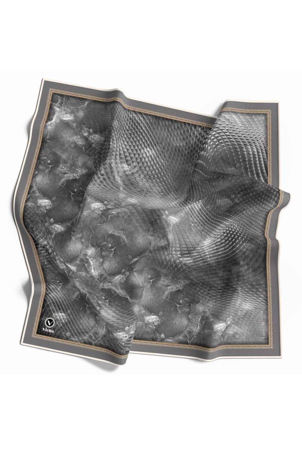 Twill Batik Desenli Gri Renkli 90x90 Eşarp (İpek İçermez) Kenar Dikiş Şekli El Dikişli