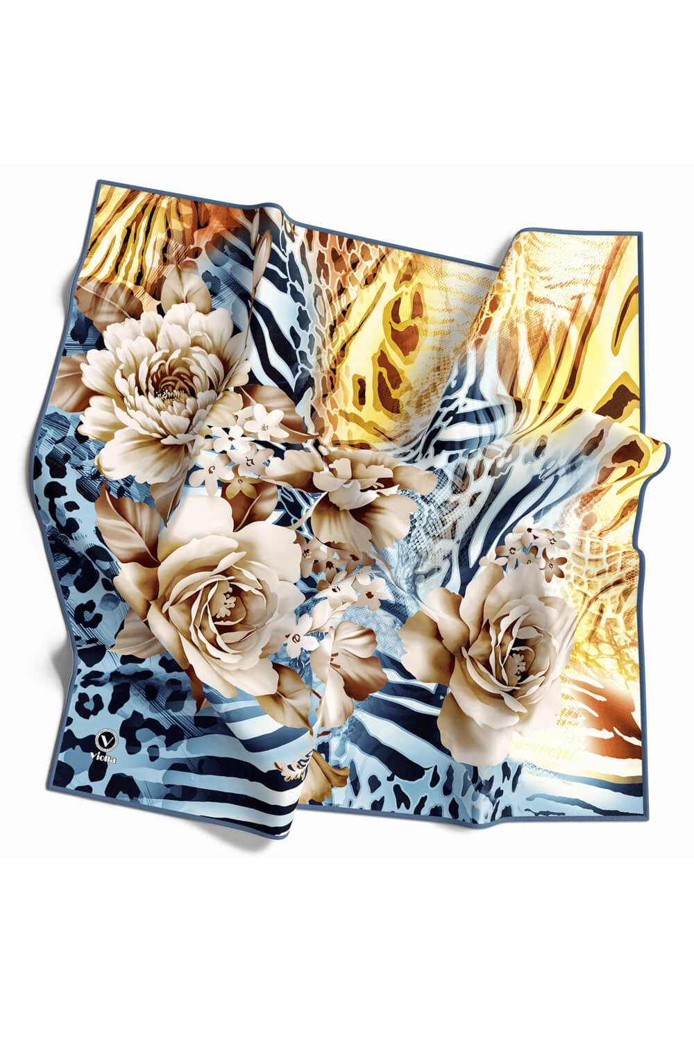 Twill Renkli Şerit Desenli İndigo - Sarı Renkli 90x90 Eşarp (İpek İçermez) Kenar Dikiş Şekli El Dikişli