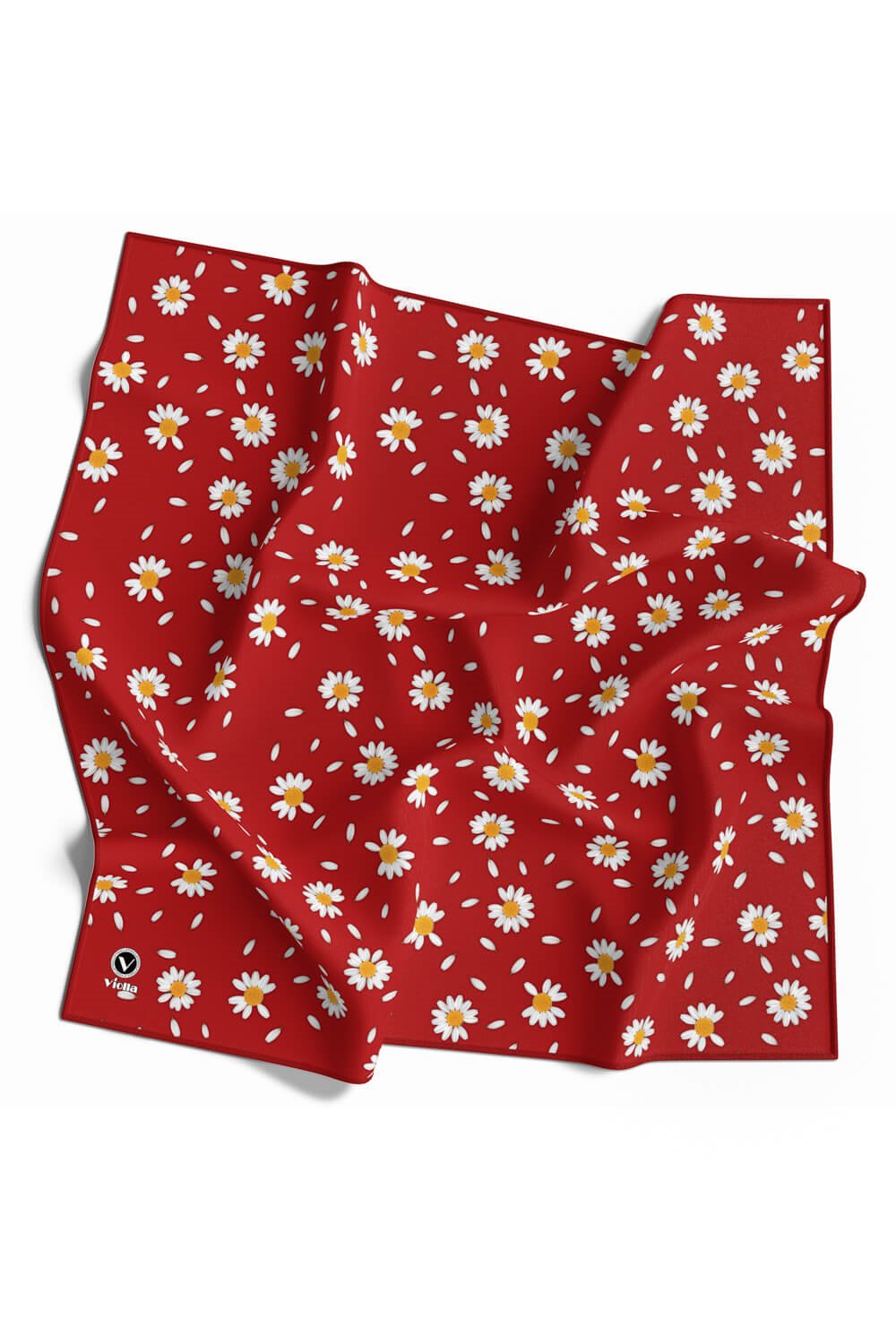 Twill Papatya Desenli Kırmızı Renkli 90x90 Eşarp (İpek İçermez) Kenar Dikiş Şekli El Dikişli
