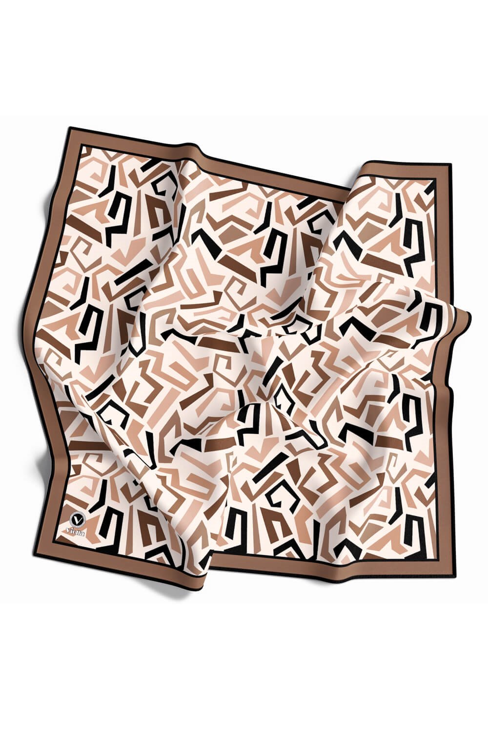 Twill Geometrik Desenli Bej Renkli 90x90 Eşarp (İpek İçermez) Kenar Dikiş Şekli El Dikişli
