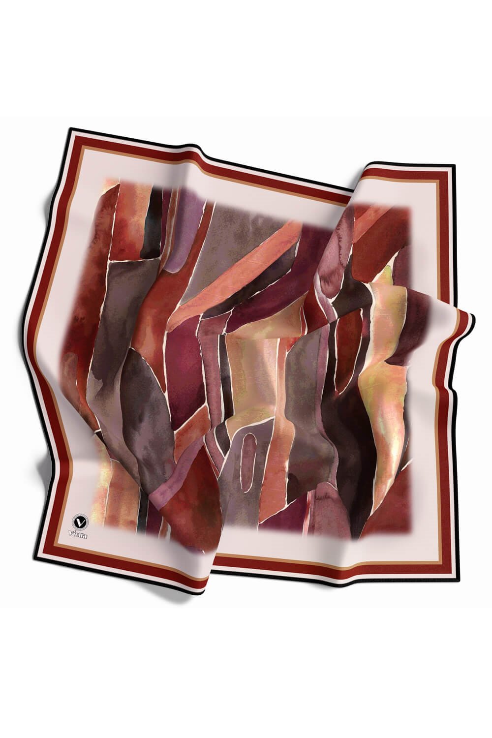 Kristal Suluboya Dokulu Geometrik Desenli Bordo Renkli 90x90 Eşarp (İpek İçermez) Kenar Dikiş Şekli El Dikişli