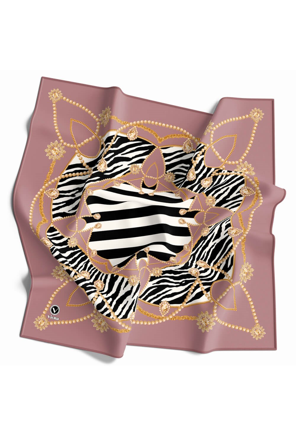Twill Gold Detaylı Zebra Desenli Gül Kurusu Renkli 90x90 Eşarp (İpek İçermez) Kenar Dikiş Şekli El Dikişli