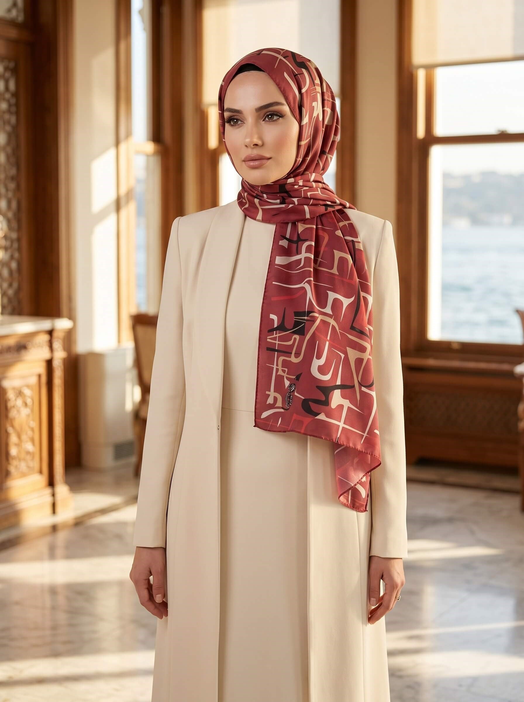 100% İPEK ÇİZGİLİ DESENLİ BORDO RENKLİ ŞAL