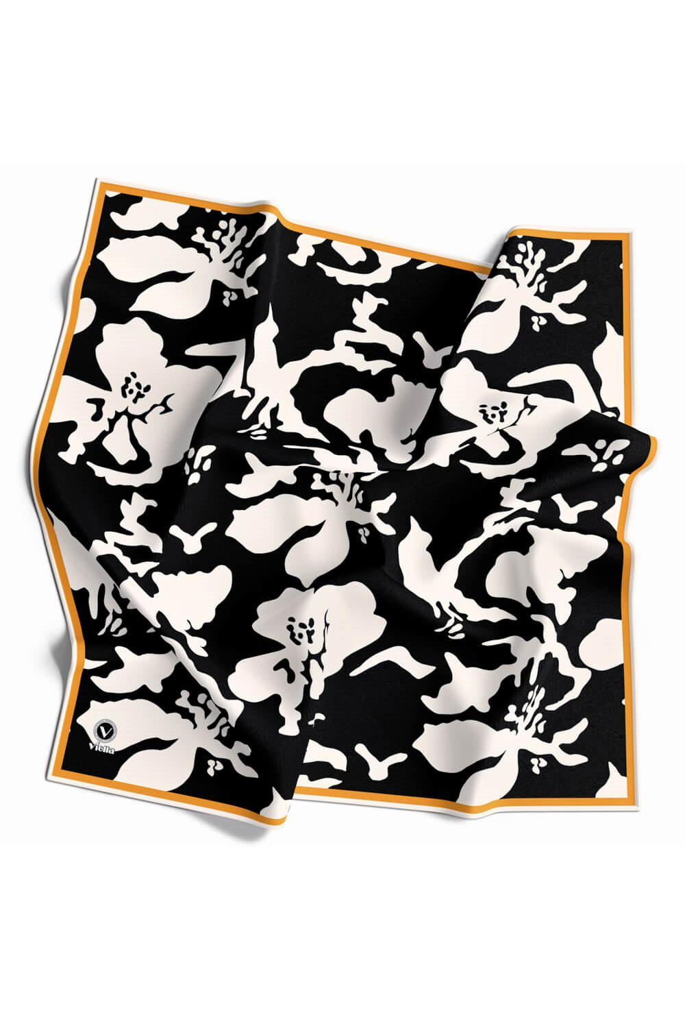 Twill Çiçek Desenli Siyah - Krem Renkli 90x90 Eşarp (İpek İçermez) Dikim Şekli : El Dikişi