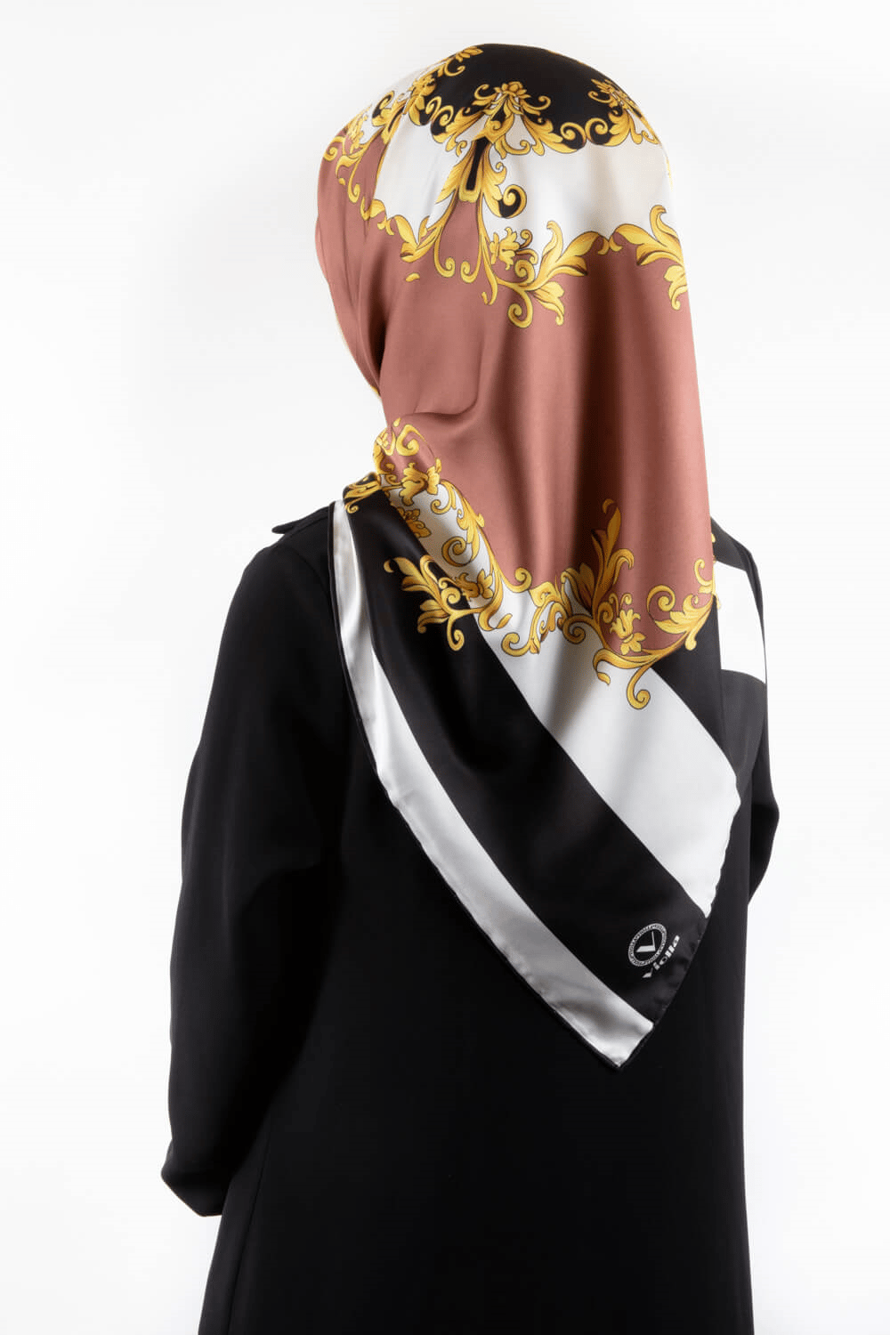 Twill Çizgili Barok Desenli Bakır Renkli 90x90 Eşarp (İpek İçermez) Kenar Dikiş Şekli El Dikişli