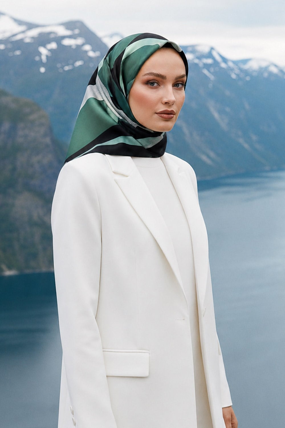 %100 Twill İpek Geometrik Çizgi Desenli Siyah - Mint Renkli 90x90 Eşarp Kenar Dikiş Şekli El Dikişli