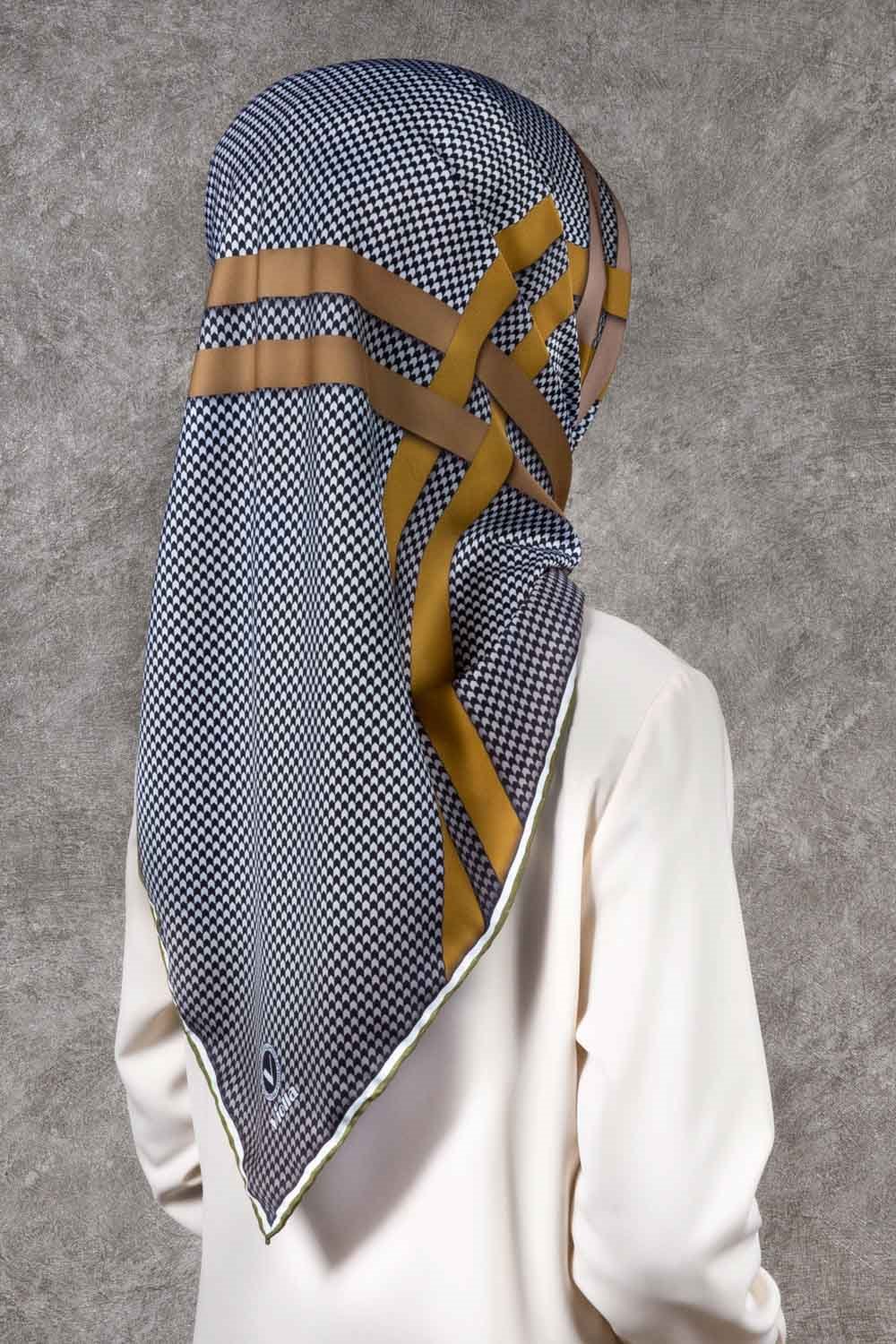 Twill Çizgili Pötikareli Çizgili Desenli Haki Yeşili - Fıstık Yeşili Renkli 90x90 Eşarp (İpek İçermez)