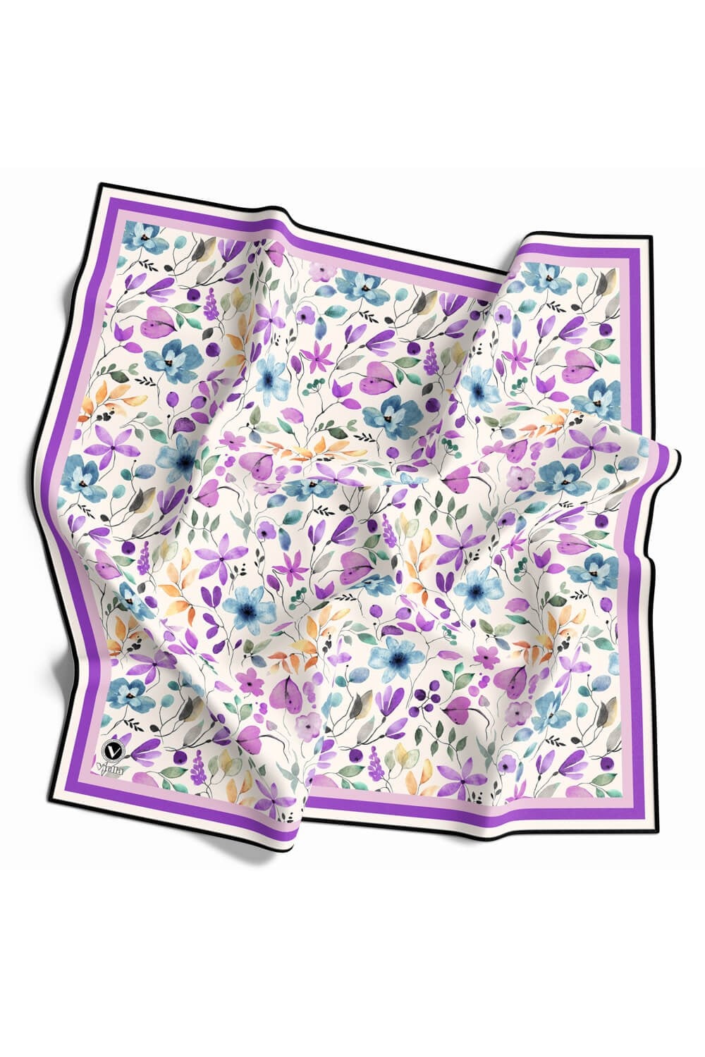 Kristal Bahar Çiçekleri Desenli Mor Renkli 90x90 Eşarp (İpek İçermez) Kenar Dikiş Şekli El Dikişli