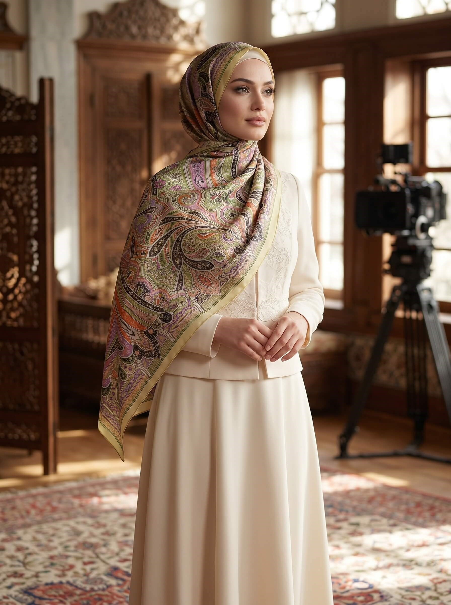100% İpek Etro Desenli Limon Sarısı - Turuncu Renkli 92x210 Şal