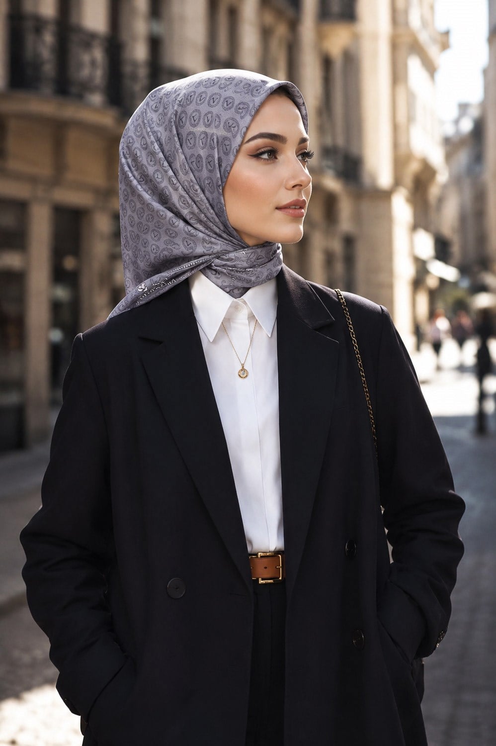 % 57 İPEK % 43 VİSKON Twill İpek Monogram Desenli Gümüş - Füme Renkli 90x90 Eşarp Dikim Şekli : El Dikişi
