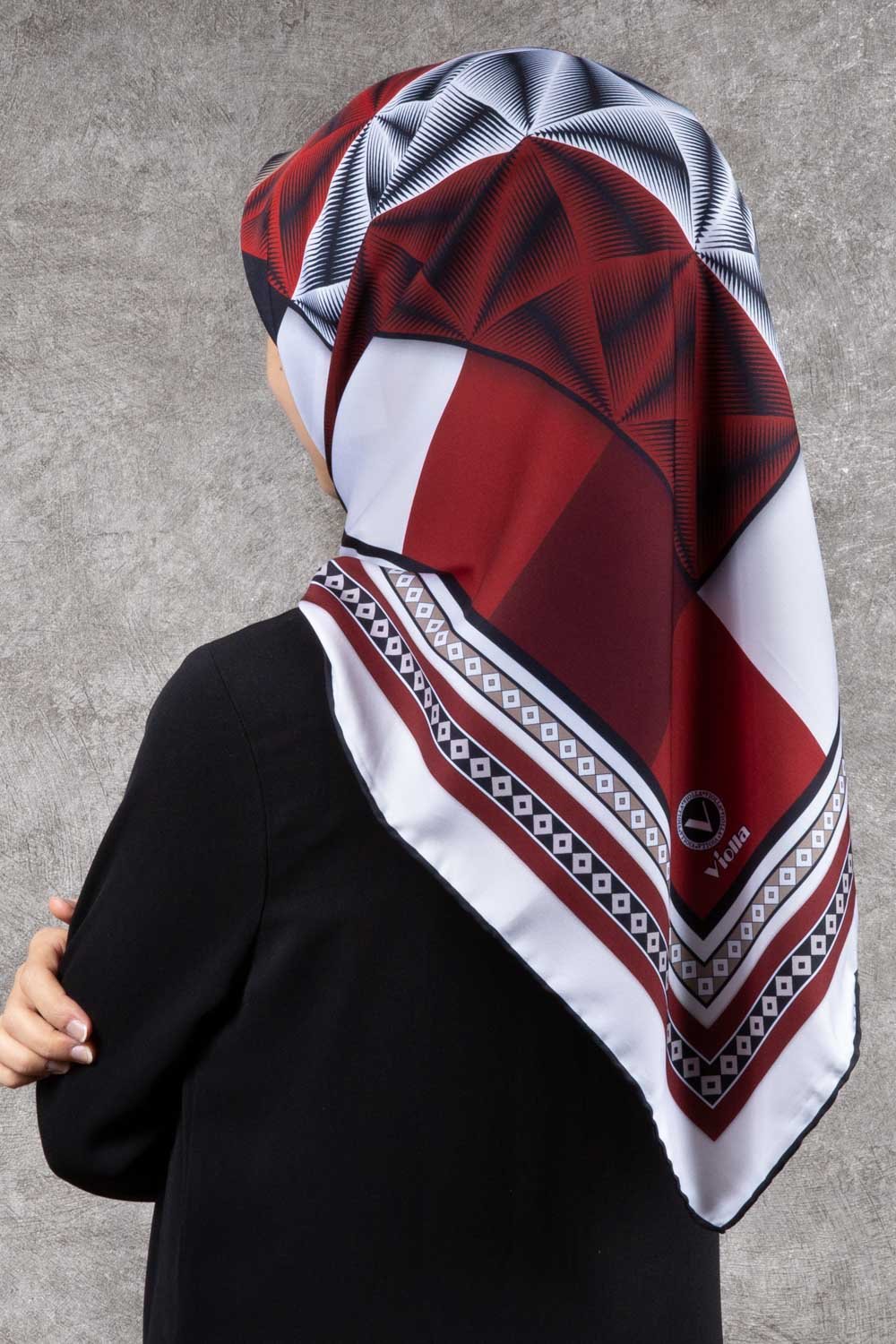 Twill Geometrik Desenli Bordo - Krem Renkli 90x90 Eşarp (İpek İçermez) Kenar Dikiş Şekli El Dikişli