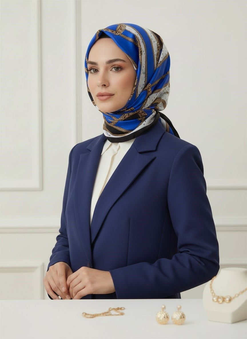 100% İPEK KEMER DESENLİ SAKS - SİYAH RENKLİ ŞAL