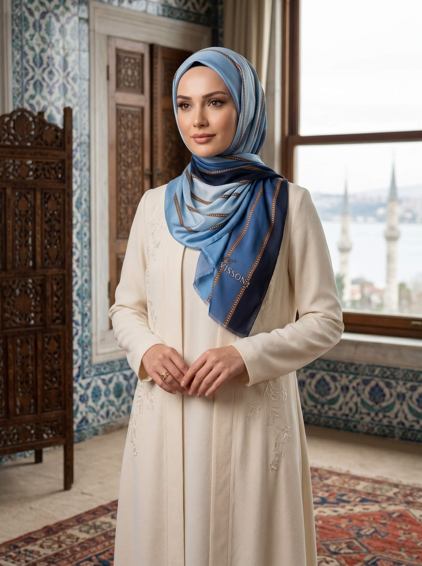 %100 İpek Şerit Desenli Lacivert - Bebe Mavisi Renkli 92x210 Şal
