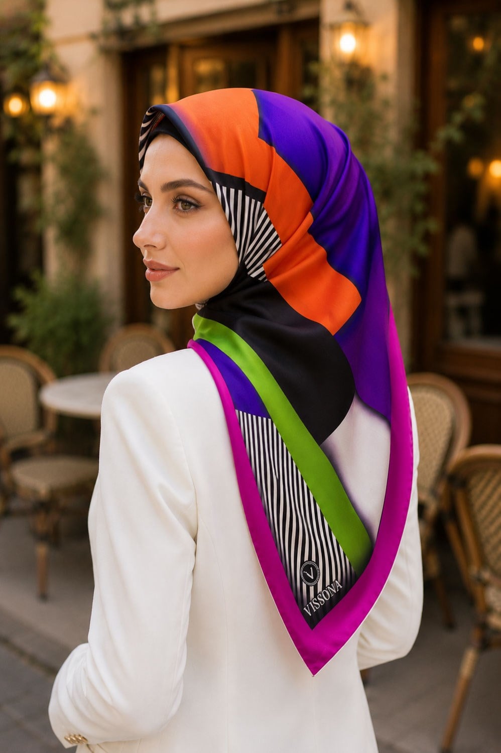 %100 Twill Renk Bloklu Çizgili Desenli Turuncu - Mor Renkli 90x90 Eşarp Dikim Şekli: El Dikişii