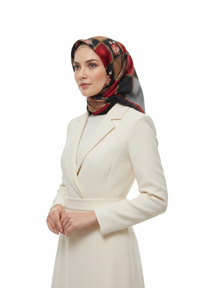%100 Twill İpek Dokulu Çiçekli Ve Geometrik Desenli Bordo - Siyah Renkli 90x90 Eşarp Dikim Şekli : El Dikişi