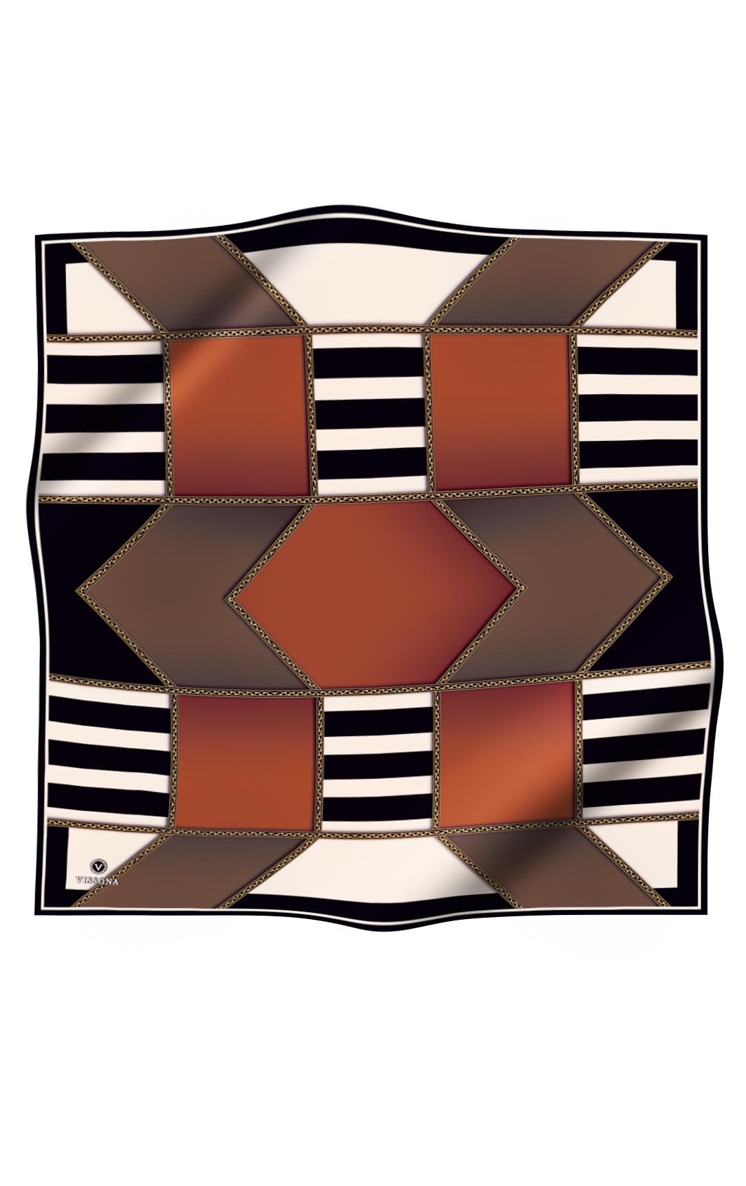 %100 Twill İpek Geometrik Desenli Taba - Vizon Renkli 90x90 Eşarp Dikim Şekli : El Dikişi