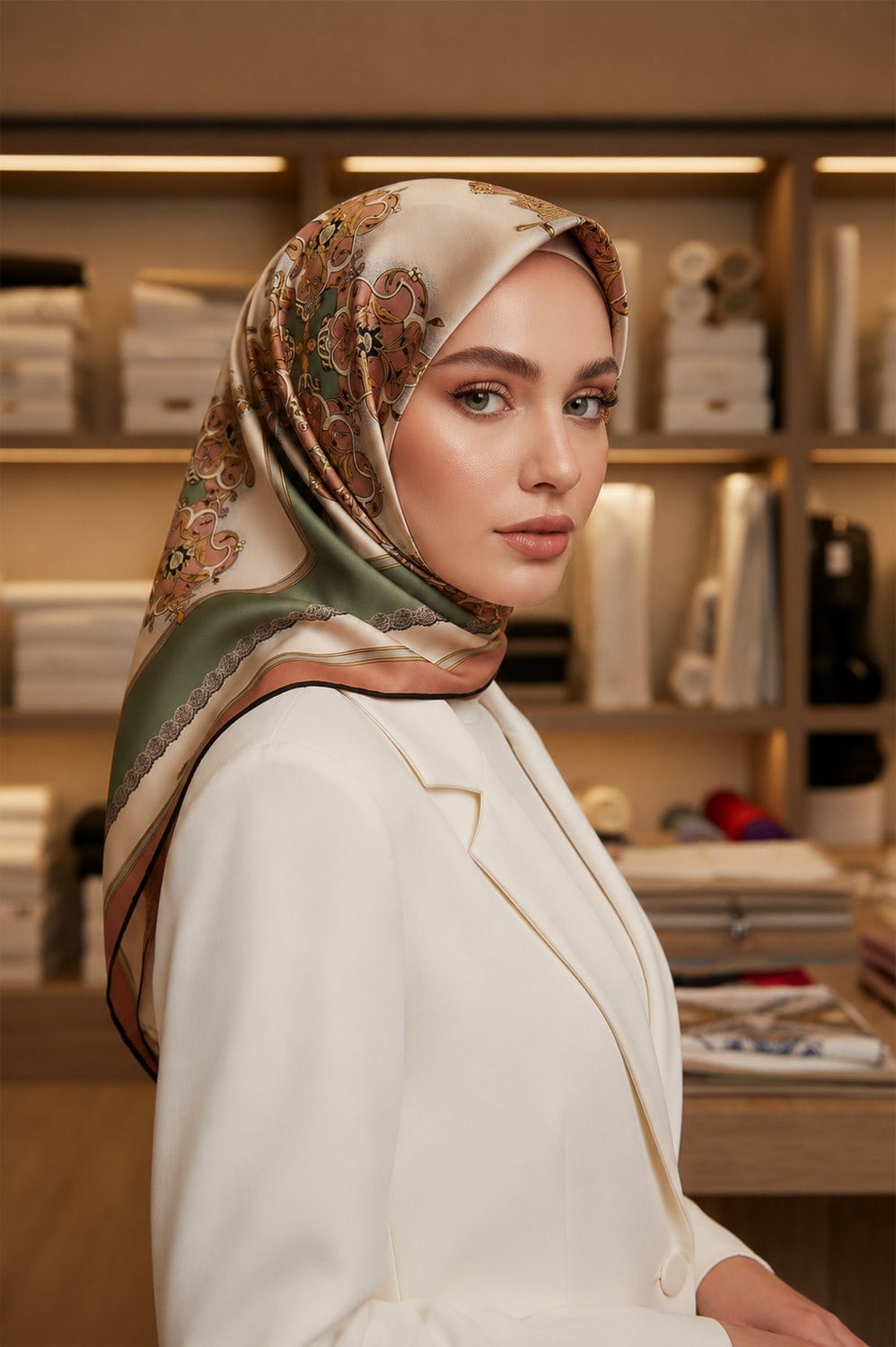 % 57 İPEK % 43 VİSKON Twill İpek Barok Desenli Bakır - Haki Renkli 90x90 Eşarp Dikim Şekli : El Dikişi