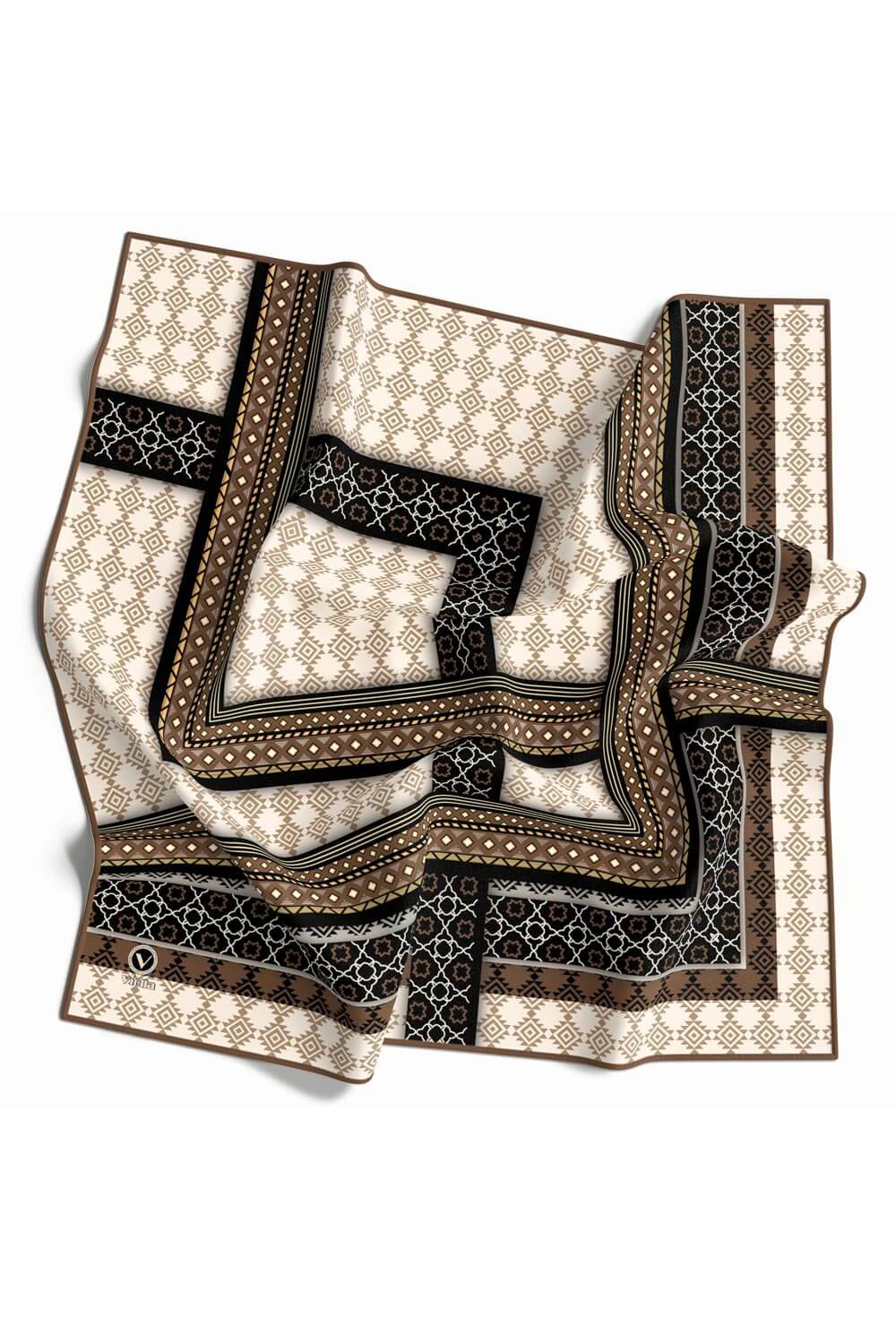 Twill Etnik Desenli Vizon Renkli 90x90 Eşarp (İpek İçermez) Kenar Dikiş Şekli El Dikişli