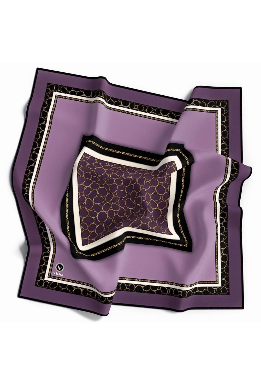 Twill Zincir Desenli Lila Renkli 90x90 Eşarp (İpek İçermez) Kenar Dikiş Şekli El Dikişli