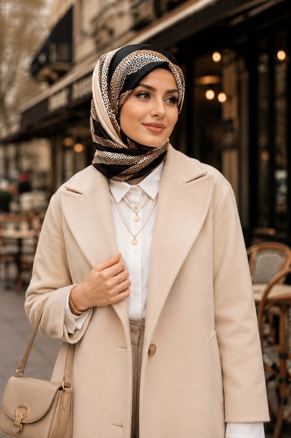 % 57 İPEK % 43 VİSKON Twill İpek Geometrik Desenli Siyah - Krem Renkli 90x90 Eşarp Dikim Şekli : El Dikişi