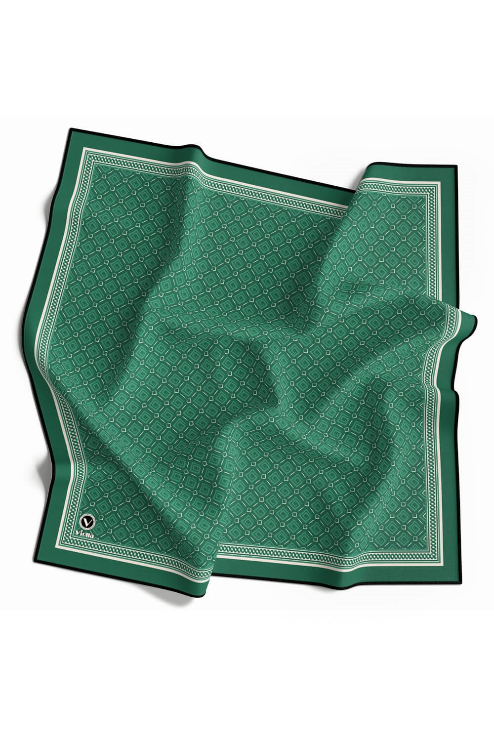 Kristal Monogram Desenli Petrol Yeşili Renkli 90x90 Eşarp (İpek İçermez) Kenar Dikiş Şekli El Dikişli